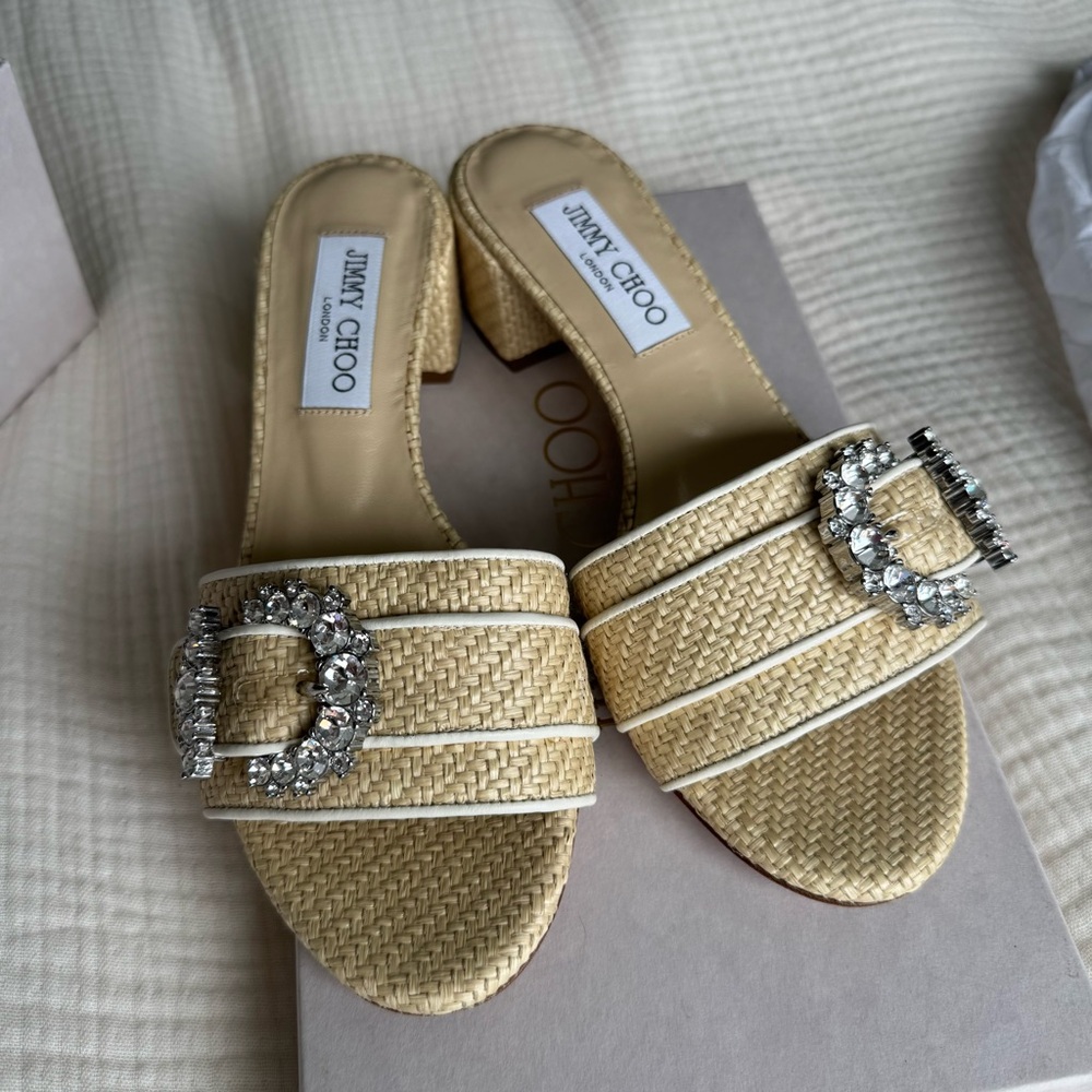 Jimmy Choo Tan Woven Mules with Swarovski Crystal Buckle